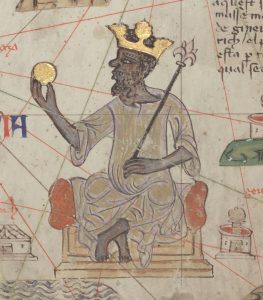 Mansa Musa wearing white tunic and gold grown sitting on golden throne holding gold coin and scepter