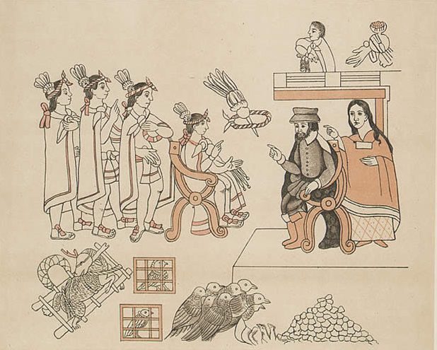 Seated man with feather crown or headdress with three people in similar dress standing behind him. Opposite is seated a man in what appears to be European dress and a woman with long hair and patterned dress behind him. At the forefront are birds, caged birds, and an animal on a spit.