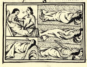 Five people in tunics covered in small pox lying down mats with one person in tunic cares for them