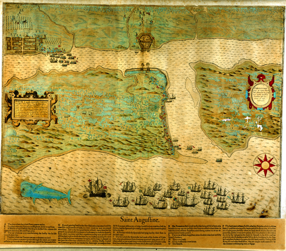 Map depicting Sir Francis Drake's 1586 attack on St. Augustine with over 20 ships in the foreground and a whale