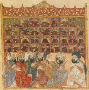 13th century illustration depicting seated scholars in a public library in Baghdad with scrolls stacked in various compartments on wall