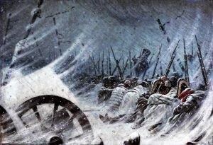 Napoleon's Army in a night bivouac covered in snow during its retreat from Russia in 1812
