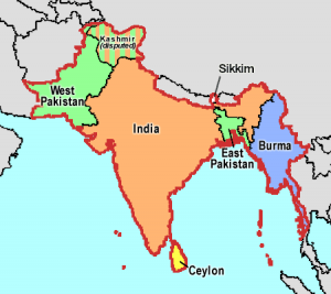 Map showing four nations (India, Pakistan, Dominion of Ceylon, and Union of Burma) that gained independence in 1947 and 1948