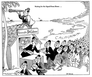 Anti-Asian propaganda cartoon by Dr. Seuss depicting of Japanese-Americans lining up on the West Coast to conduct sabotage against the U.S.