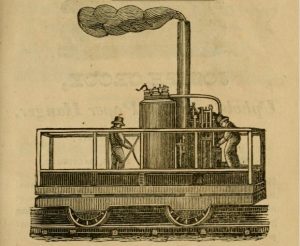 Newspaper illustration of a locomotive from 1831 blowing smoke with two men on the machine