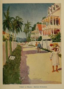 Illustration of woman walking in white dress walking down street carrying basket of fruit on her head with large houses and palm trees in the background