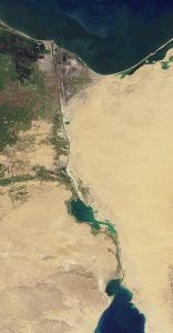 NASA image of the Suez Canal from space, connecting the Mediterranean Sea with the Red Sea.