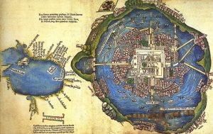 1524 Spanish map of Mexico City built on top of Tenoctitlán showing a city center and many buildings, houses, and bridges surrounded by water