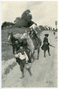 Depiction of American Loyalist refugees on their way to the Canadas during the American Revolution; two men and boy lead two horses, one of which is carrying a woman and girl while a crowd of people can be seen menacing in the distance