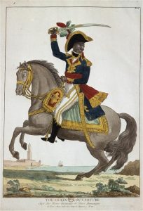 A historic drawing of Toussaint on horseback.