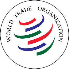 Logo of the World Trade Organization with red, blue, and green lines