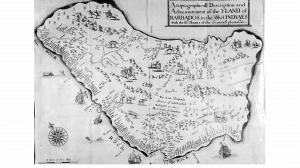 Map of Barbados from Richard Ligon’s True and Exact History, 1657 with image of runaway enslaved people being chased into the hills at the top of map