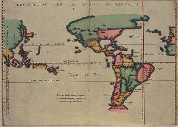 This map describes the extent of Spanish possessions in America. The 1494 lines of demarcation, agreed upon by Spain and Portugal as a result of the Treaty of Tordesillas, divide America from Europe on the east and from Asia on the west.