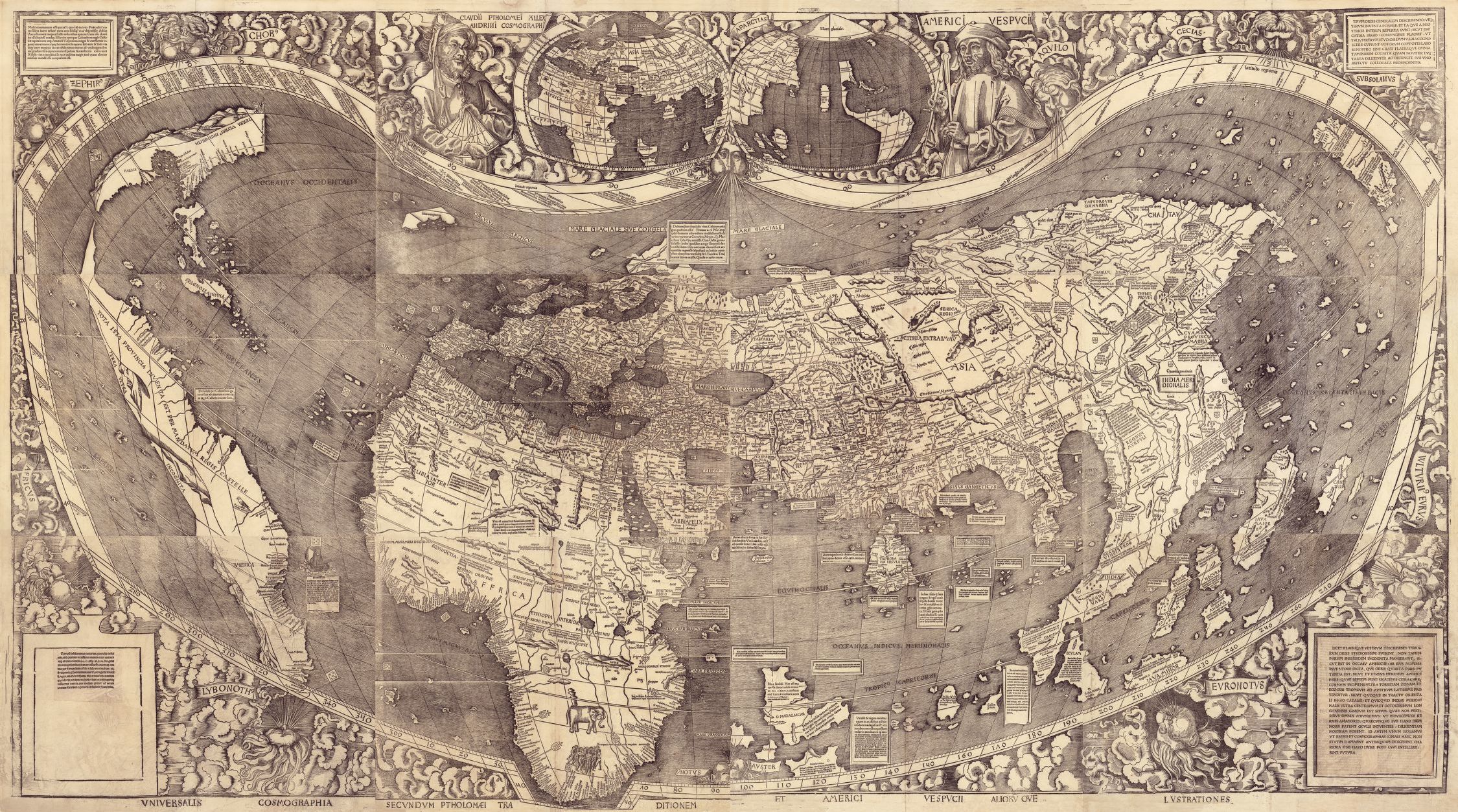 1507 wall map depicting America, Africa, Europe, Asia, and the Oceanus Orientalis Indicus separating Asia from the Americas