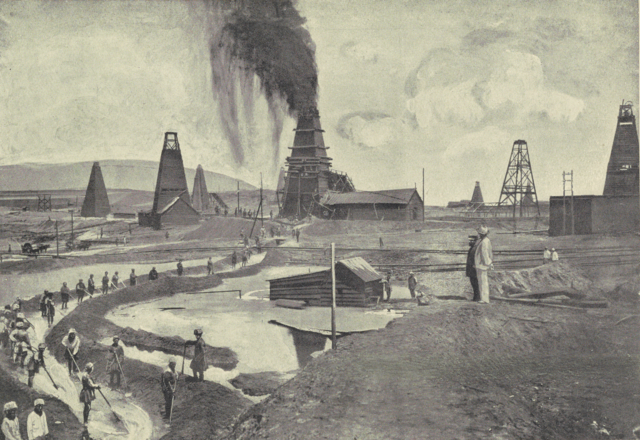 English: Oil wells in Baku, Azerbaijan. Illustration entitled "Where it Rains Petroleum" from The Romance of Modern Chemistry by James Charles Philip. London, England, 1909. Illustration depicts oil wells in Baku, Azerbaijan. One oil well spews petroleum with workers and onlookers seen throughout the landscape. The caption reads: "Where it Rains Petroleum. The illustration shows one of the oil wells or 'gushers' at Baku in full swing. The petroleum gushes up like a fountain and then falls into one of the ponds prepared to receive it."