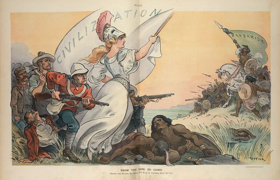 Illustration of Britannia carrying a large white flag labeled "Civilization" with British soldiers and colonists behind her, advancing on a horde of natives, one carrying a flag labeled "Barbarism"