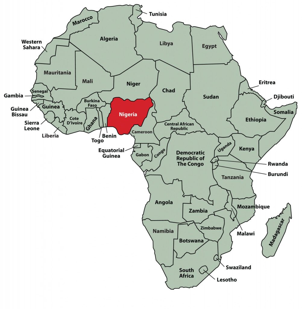 a map of Africa in green with the country Nigeria labeled in Red.