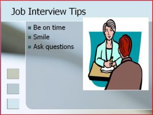 slide of animated people in an interview and job tips on the left side