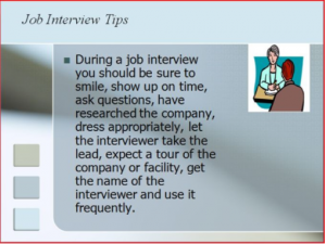a large text of job interview tips and a small drawing of a job interview happening.