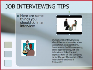 a drawing of an interview, a picture of an interview, writing about a interview, and a bulleted point about an interview.