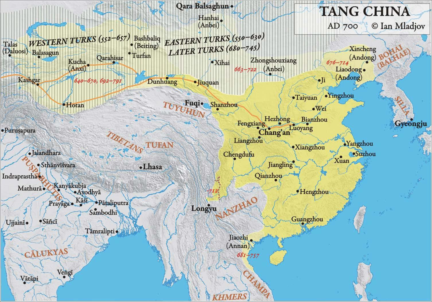Map of The Tang Dynasty at its height in 700 CE