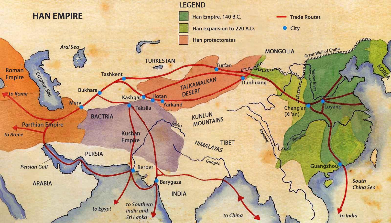 Map of the Silk Road trade routes during the Han Dynasty