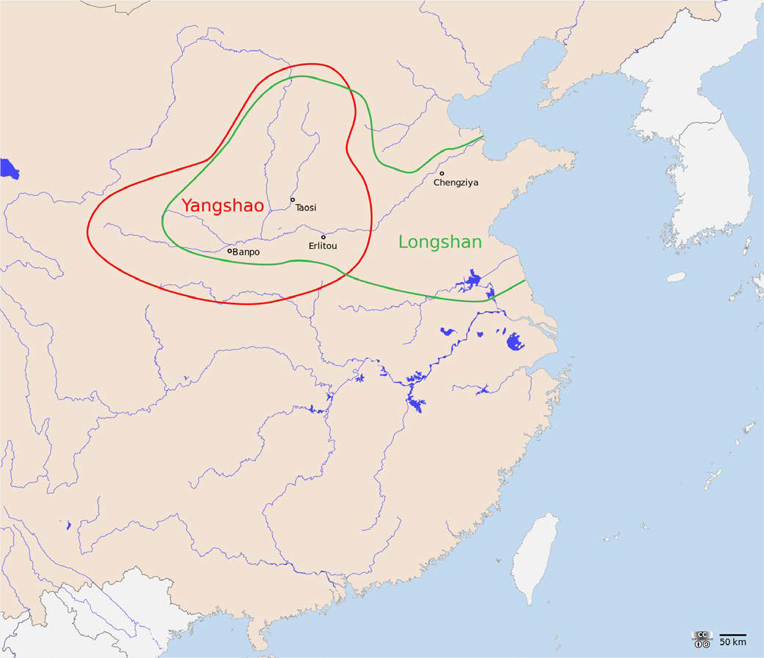 Map of Location of Yangshao culture (5000-3000 BCE) and Longshan culture (3000-1900 BCE)