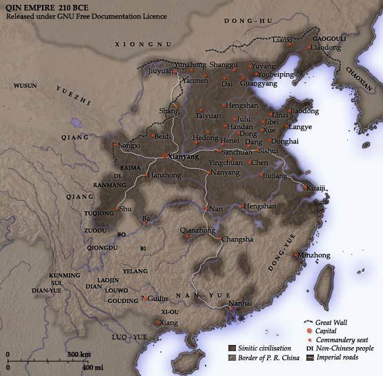 Map of The Qin Empire in 210 BCE