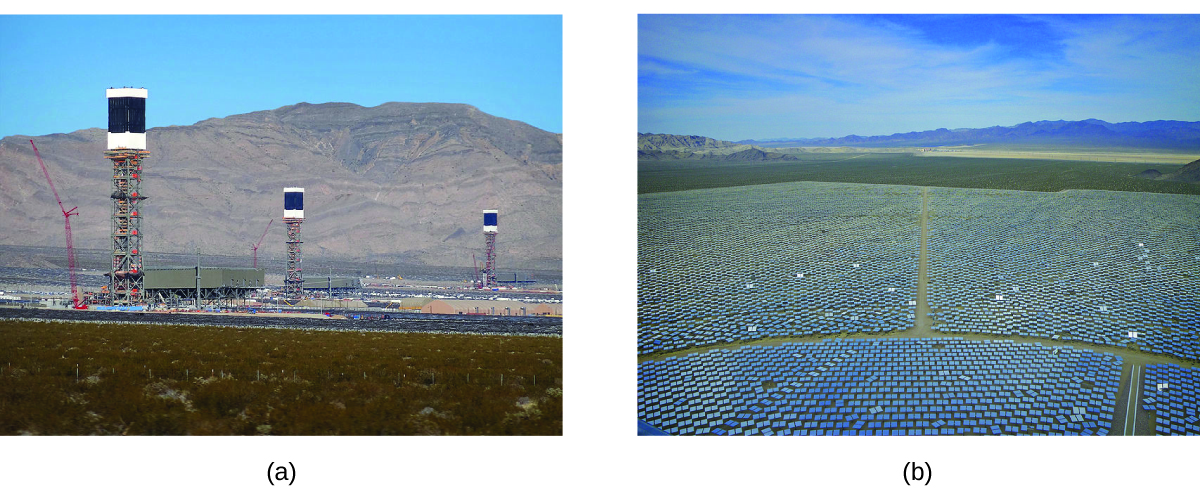 Two pictures are shown and labeled a and b. Picture a shows a thermal plant with three tall metal towers. Picture b is an arial picture of the mirrors used at the plant. They are arranged in rows.
