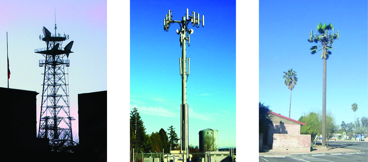 This figure consists of three cell phone tower images. The first involves a structure that uses a significant degree of scaffolding. The second image includes a tower with what appears to be a base that is essentially a large pole that branches out at the very top. The third image shows a cell phone tower that appears to be disguised as a palm tree.