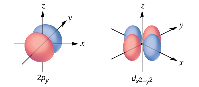 This figure contains two diagrams. The first is of a 2 p subscript y orbital. The second is of a d subscript x squared minus y squared orbital. The first diagram has two spherical shapes joined at the origin when oriented along the y axis on an x y and z coordinate plane. The second diagram shows four ellipsoid lobes with ends centered around the origin. Two of these ellipsoid lobes are oriented along the x axis and two are oriented along the y axis on the x y and z coordinate plane.