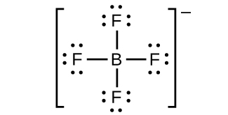 A Lewis structure shows a boron atom single bonded to four fluorine atoms. Each fluorine atom has three lone pairs of electrons. The structure is surrounded by brackets with a superscripted negative sign.