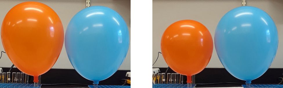 This figure shows two photos. The first photo shows an inflated orange balloon and an inflated blue balloon. Both balloons are about the same size. The second photo shows the same two balloons, but the orange one is now smaller than the blue one.