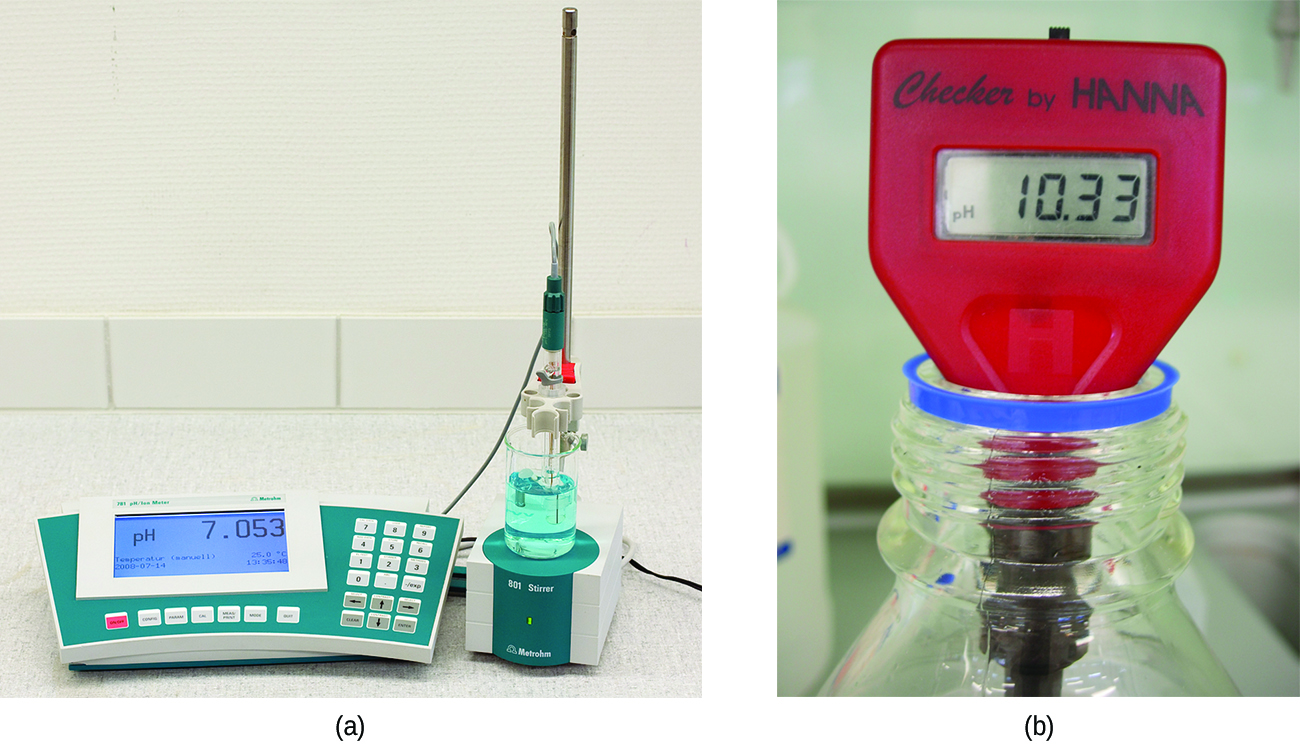 This figure contains two images. The first, image a, is of an analytical digital p H meter on a laboratory counter. The second, image b, is of a portable hand held digital p H meter.