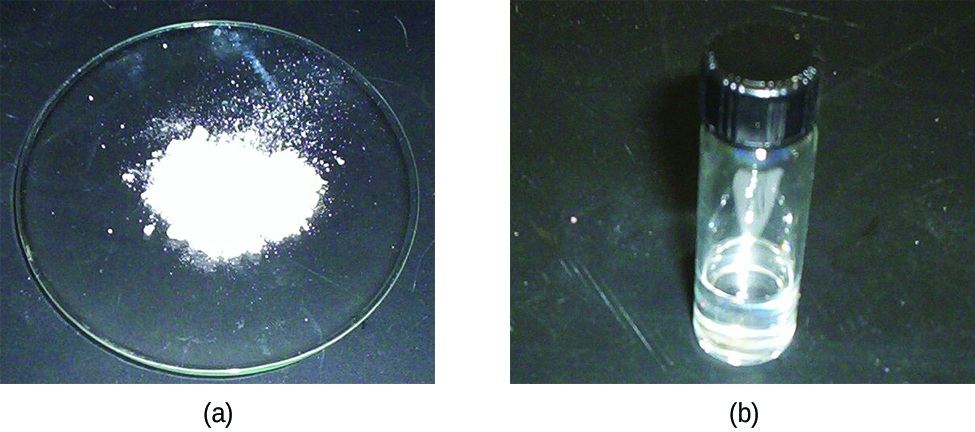 Two photos are shown and labeled “a” and “b.” Photo a shows a watch glass holding a fine, white powder. Photo b shows a sealed glass vial holding a clear, colorless liquid.