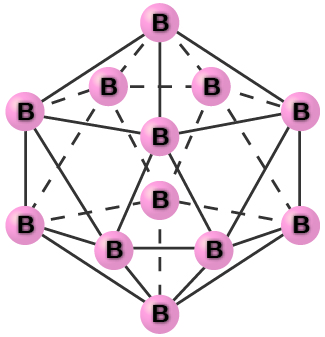 An image shows a group of atoms, each labeled, “B,” connected together with single bonds into a symmetrical, twenty-sided shape.
