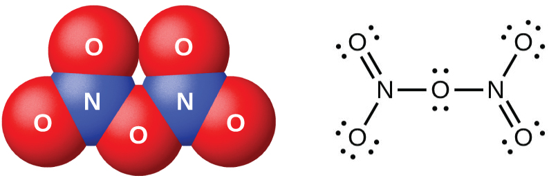 A space-filling model and a Lewis structure are shown. The space-filling model shows two blue atoms labeled, “N,” each bonded to two red atoms labeled, “O,” with another red atom labeled, “O,” in between them. The Lewis structure shows a nitrogen atom single bonded to an oxygen atom with three lone pairs of electrons in a downward position and double bonded to an oxygen atom with two lone pairs of electrons in an upward position. This nitrogen is single bonded to an oxygen atom with two lone pairs of electrons. The oxygen atom is single bonded to another nitrogen atom which is single bonded to another oxygen atom with three lone pairs of electrons in an upward position. The second nitrogen atom is also double bonded to an oxygen atom with two lone pairs of electrons in a downward position.