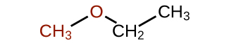 A molecular structure is shown with a red C H subscript 3 group bonded up and to the right to a red O atom. The O atom is bonded down and to the right to a C H subscript 2 group. The C H subscript 2 group is bonded up and to the right to a C H subscript 3 group.