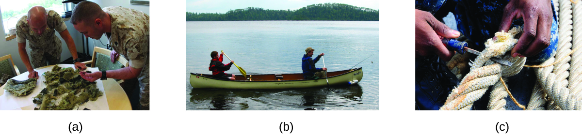 Three photos are shown. In the first, two male soldiers are shown sorting through green brown material on a table. In the second, two people are shown paddling a canoe. In the third, heavy white rope is being manipulated with a hand tool.