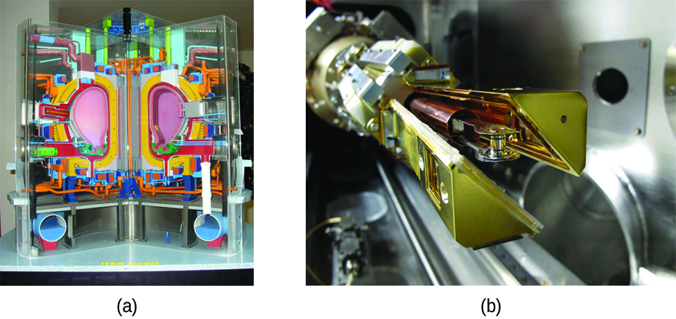 Two photos are shown and labeled “a” and “b.” Photo a shows a model of the ITER reactor made up of colorful components. Photo b shows a close-up view of the end of a long, mechanical arm made up of many metal components.