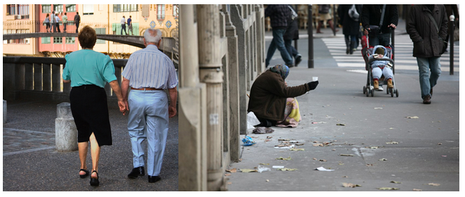 In figure (a), an older man and woman, wearing casual dress, are shown from behind walking in a public plaza setting. In figure (b), a homeless person, dressed in shabby clothing, is shown sitting on a city sidewalk, holding a plastic cup, begging for change from passers-by.