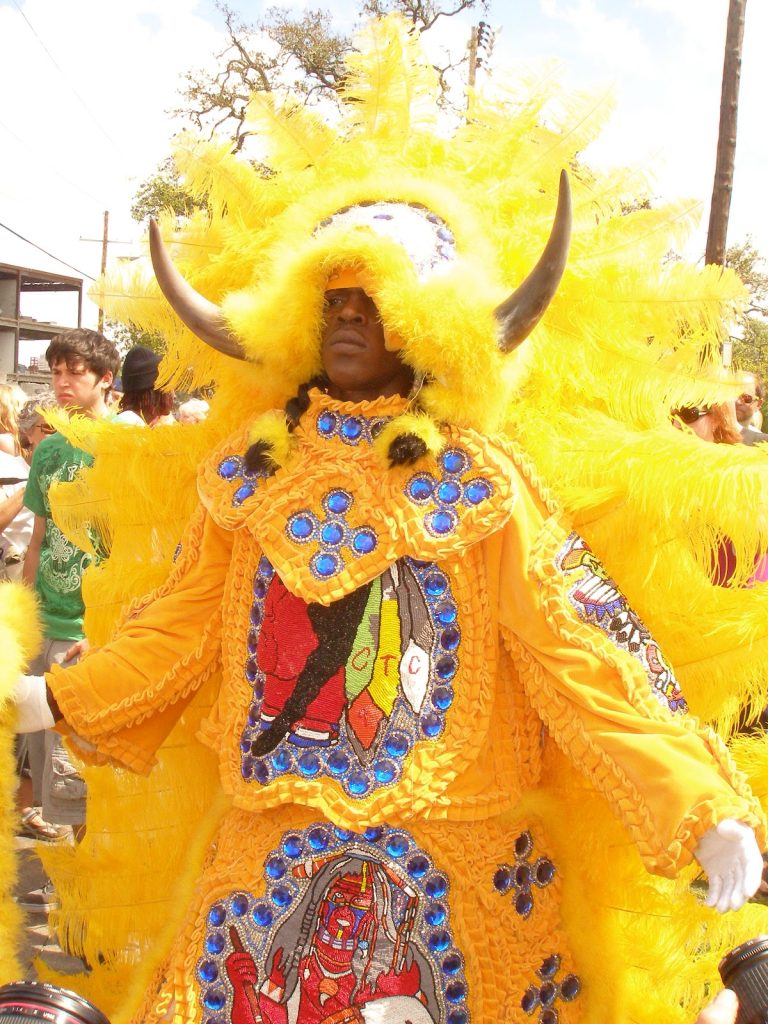 Photo of Mardi Gras Indian in full costume.