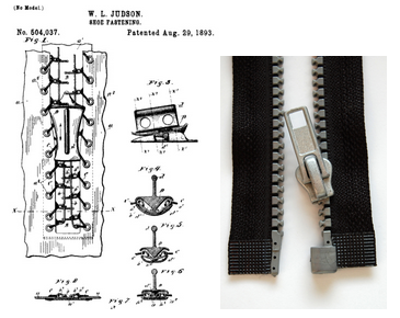Figure (a) shows drawings of a patent for the zipper. Figure (b) shows a modern zipper.