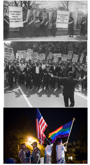 Figure (a) shows women’s suffrage marchers. Figure (b) shows a large group of marchers for civil rights. Figure (c) shows people waving a U.S. flag and a rainbow flag.