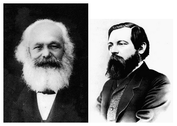 Photo of Karl Max on the left. Photo of Friedrich Engels on the right.