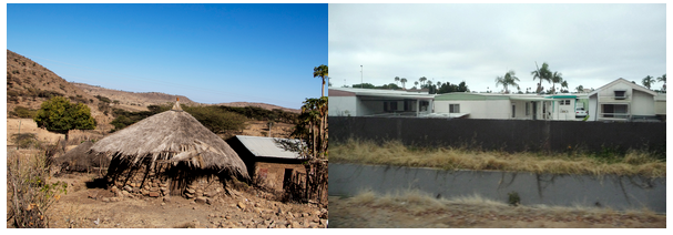 Photo on the right shows a grass hut. The photo on the left is of a mobile home park.