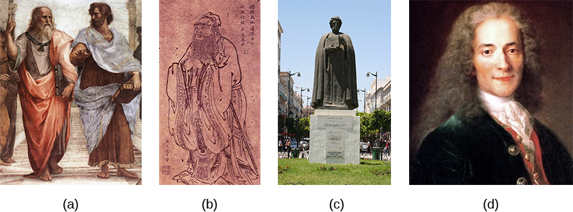 Figure (a) shows two ancient Greeks. Figure (b) shows an ancient Chinese man. Figure (c) shows a statue of a man. Figure (d) shows a portrait of a Frenchman.