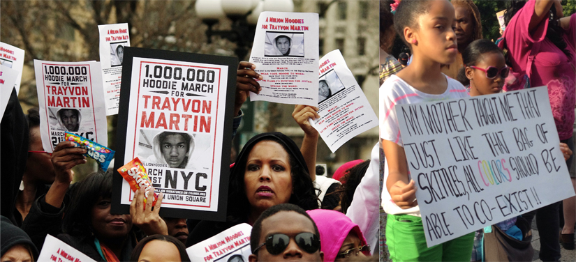Photo of people holding signs at a rally in protest of the death of Trayvon Martin.