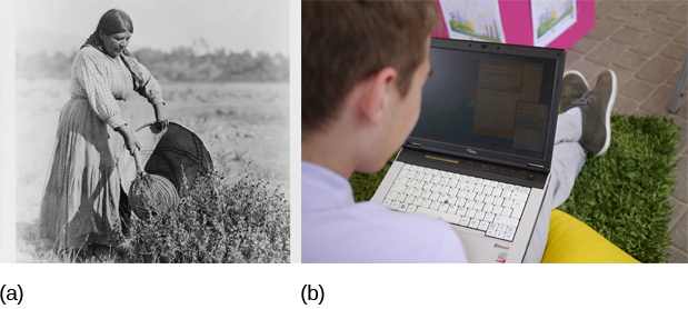 The image on the left is a vintage photograph of a woman collecting seeds. The photo on the right is of a young boy looking at his laptop.