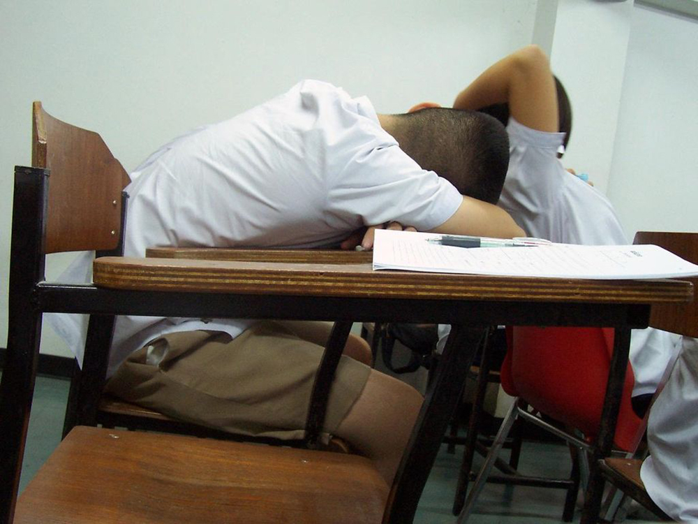 Photo of a child asleep on his desk.